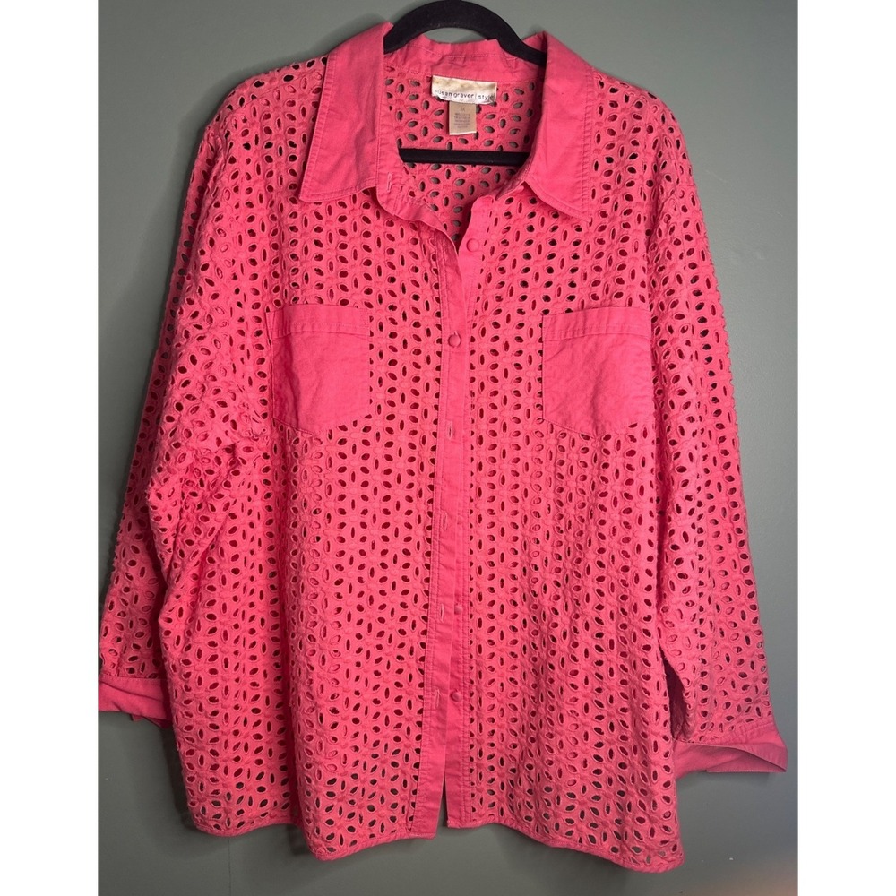 Susan Graver Style 3X Pink Eyelet Shirt Jacket 100% Cotton Button Front Plus